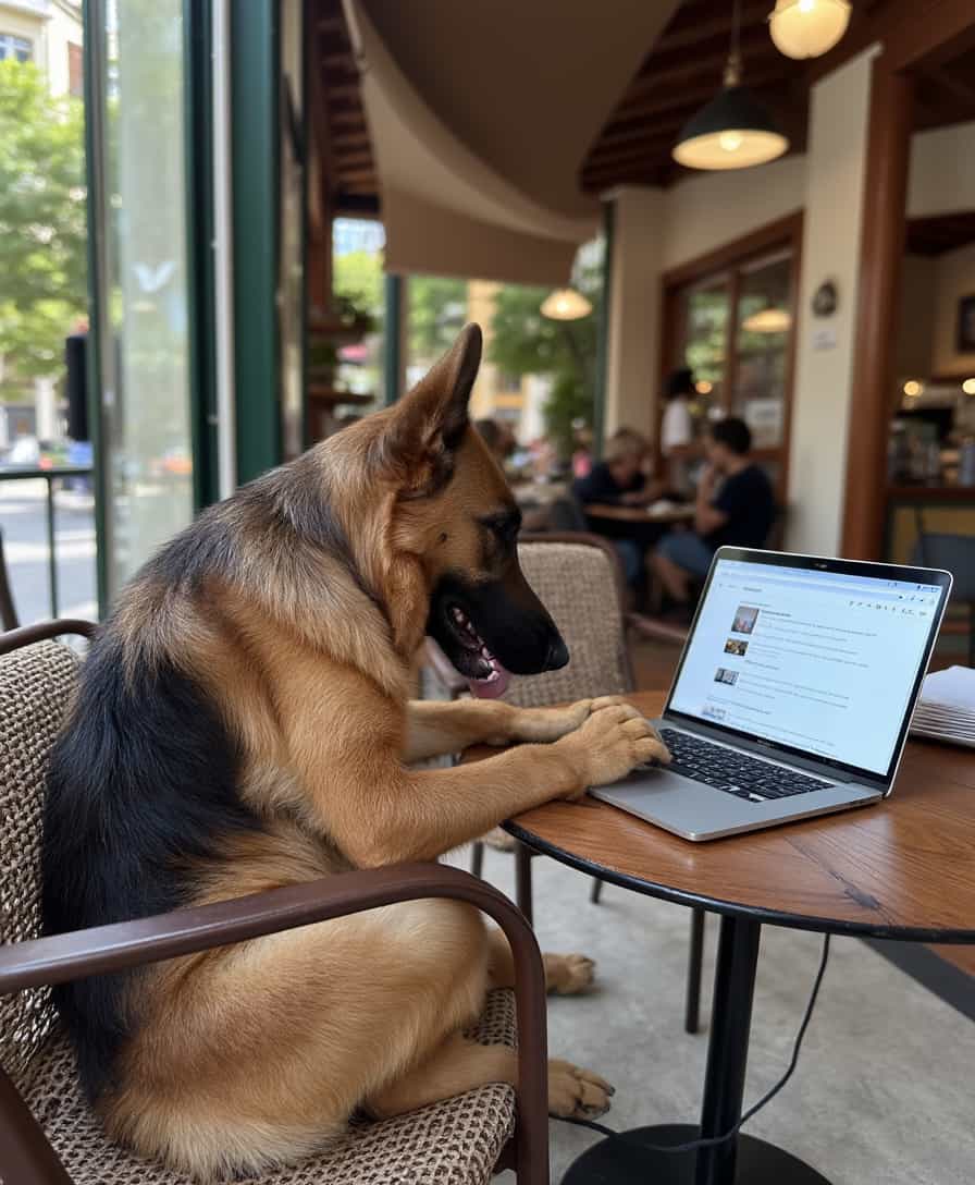 a photo of CIRCESHEPHERD dog sitting in a cafe in Lisbon, working on a laptop
