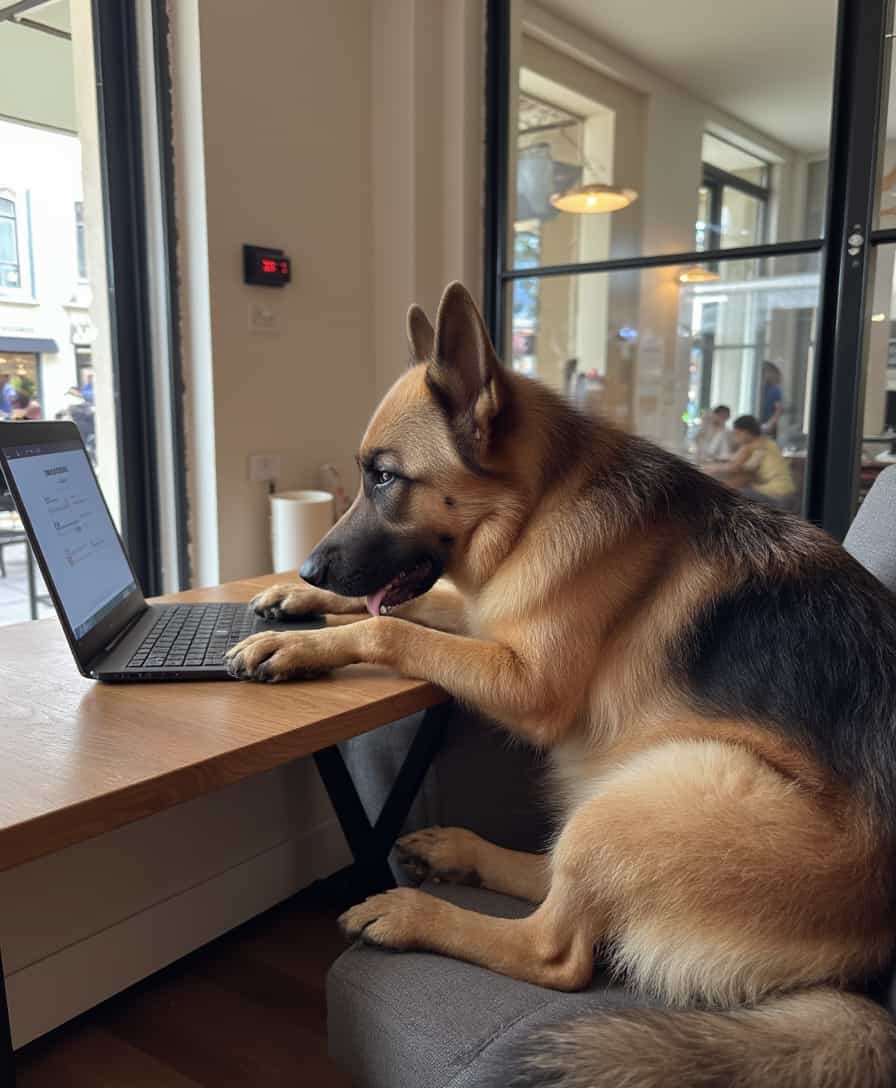 a photo of CIRCESHEPHERD dog sitting in a cafe in Lisbon, working on a laptop