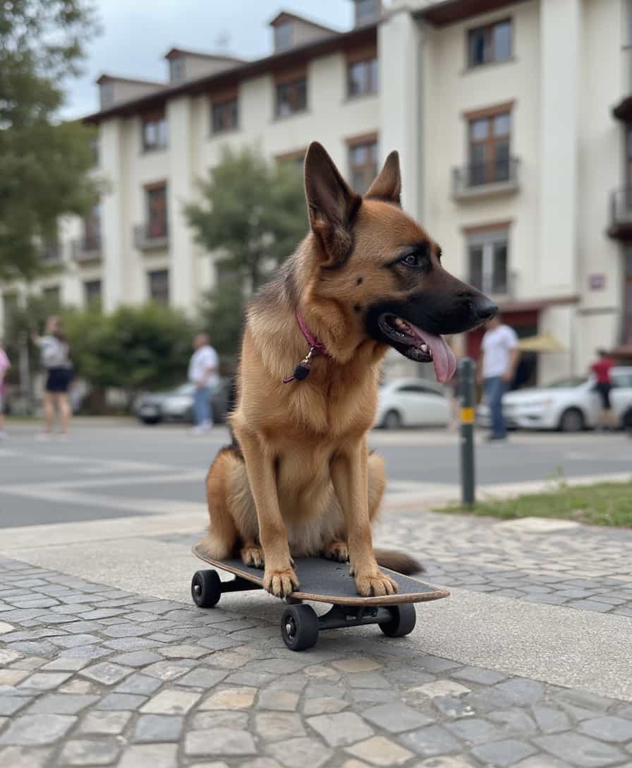 a photo of CIRCESHEPHERD dog skateboarding