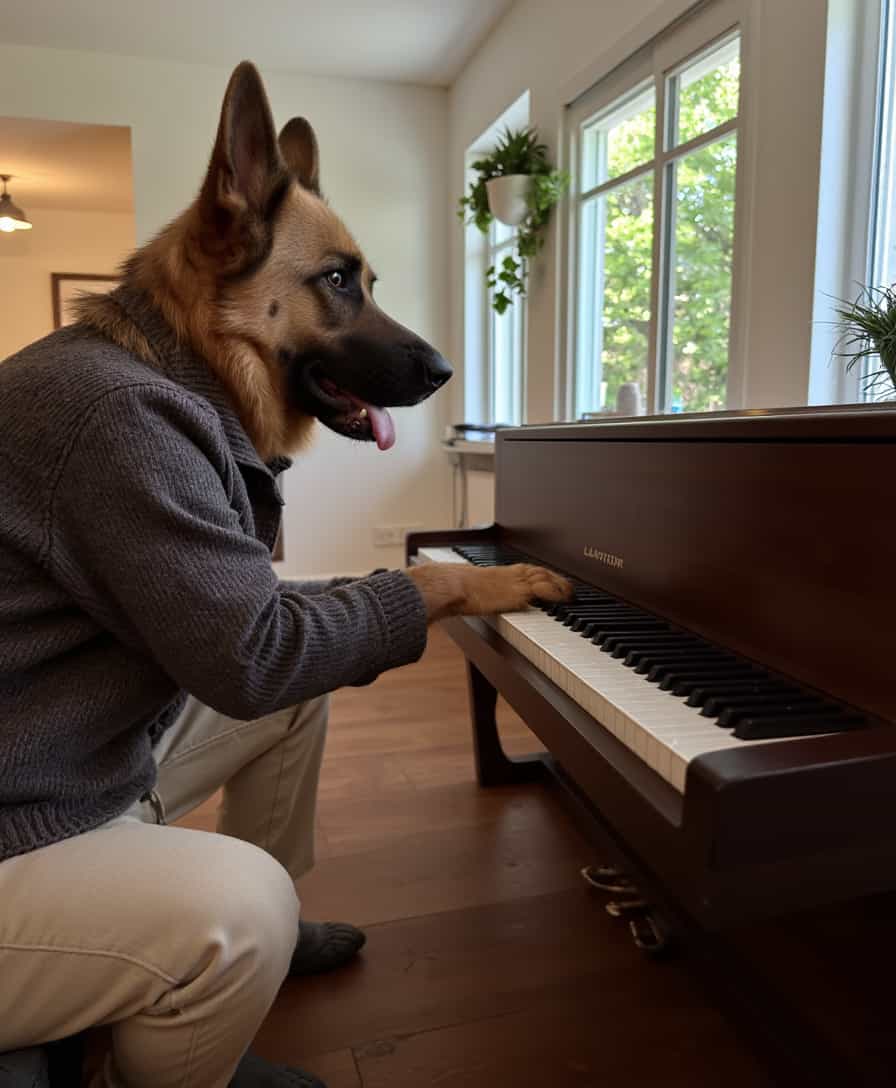a photo of CIRCESHEPHERD dog, playing a piano