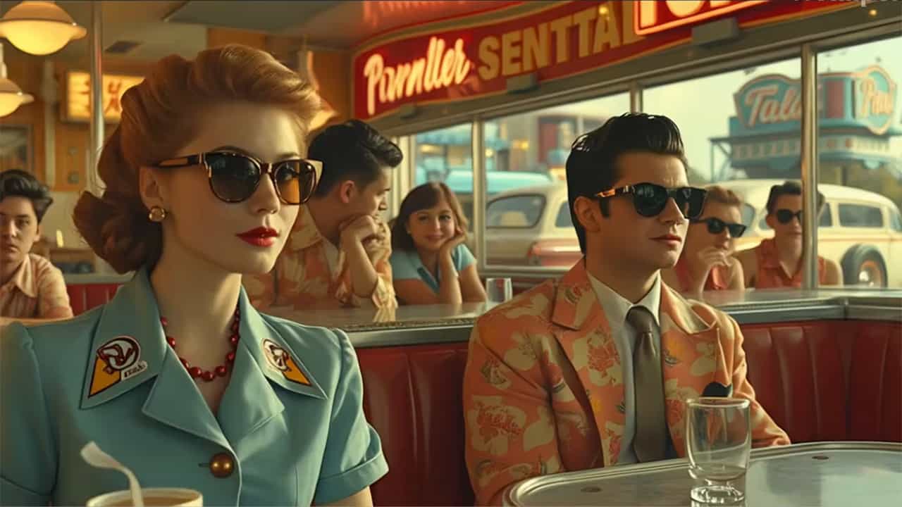 masterpiece, best quality, highres, sharp image, more detail, Imagine a lively 1960s bowling alley, bursting with energy and cinematic detail. The polished, multicolored lanes stretch down a vibrant room, while playful pastel lights shine over glossy, smooth bowling balls in shades of black. Vintage neon signs glow above the lanes, that reads "STRIKE!" and "BOWL-O-RAMA," setting the fun-loving tone of the space.

Front and center is a charismatic young man, rocking a black leather jacket with rolled-up sleeves and a devil-may-care grin, as he readies himself to bowl. Around him, a group of stylish young women in capri pants, 1960 blouses with ufo images on them, and high ponytails cheer him on, laughing as they sip frosty milkshakes and sodas from glass cups. Retro pop and rock-and-roll music fills the air, mingling with the sound of crashing pins and laughter.

To the side, a sleek red jukebox glows with an inviting charm, surrounded by couples and groups of friends in outfits straight out of a Hollywood movie, all dancing or tapping their feet to the beat. Chrome and neon details bounce light across the room, creating an inviting, energetic ambiance.

On a counter near the lanes, vintage bowling shoes line up neatly, while a nearby snack bar serves up burgers, fries, and hotdogs, complete with classic paper baskets and mini ketchup bottles. The whole scene feels like a step back in time, where the laughter, friendly competition, and vibrant energy make the bowling alley a hotspot of youthful joy and rebellion.