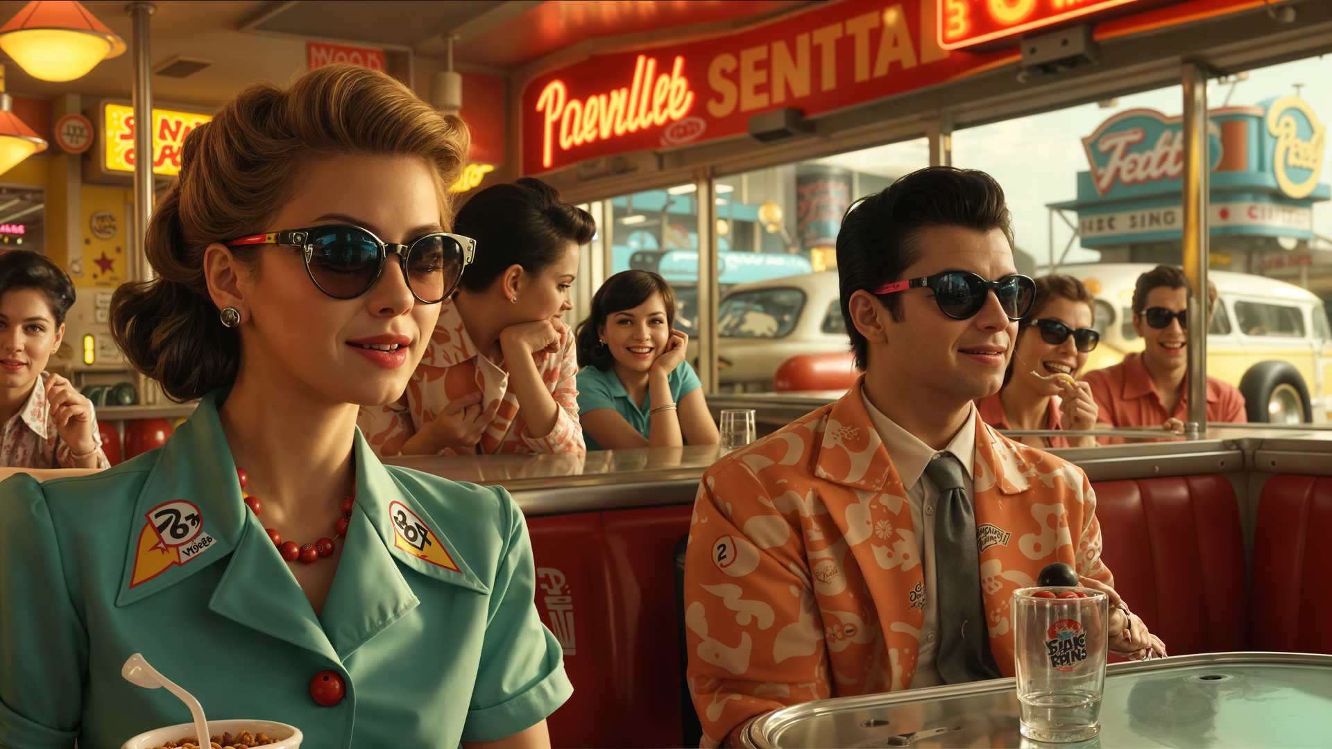 AI-generated image: masterpiece, best quality, highres, sharp image, more detail, Imagine a lively 1960s bowling alley,