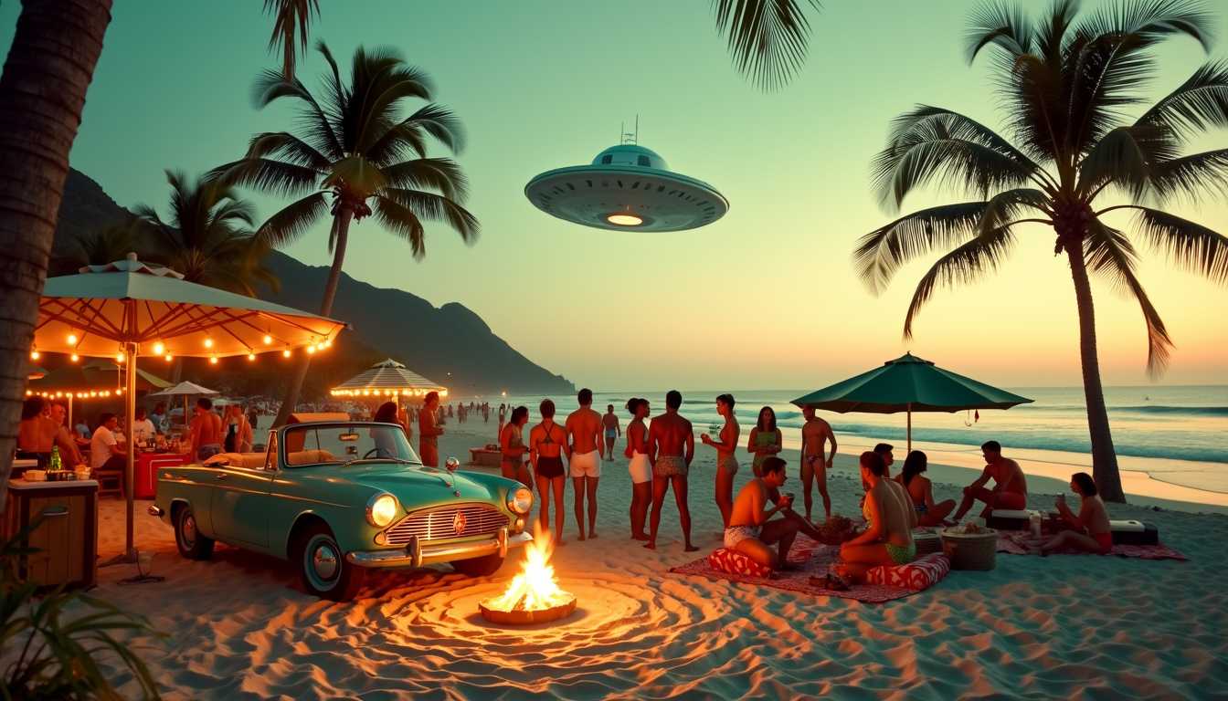 Imagine a 1960s super panavision 1960s style, cinematic,  beach party scene, alive with surfboards, bonfires, and a carefree crowd soaking in the endless summer vibes of the era. The sun has just set, and tiki torches flicker along the shore, casting warm, golden light over the sand and surf. Classic 1960s cars—convertibles and wood-paneled station wagons—are parked in a row along the edge of the beach, their trunks open and piled with blankets, radios, and picnic baskets. a green alien hide in picture, 

Young partygoers in bright swimsuits, Hawaiian shirts, and cat-eye sunglasses dance to surf rock blasting from a portable radio perched on a vintage cooler. A group of surfers, fresh from riding the waves, leans against their surfboards while telling stories of UFO sightings just over the horizon, each one upping the last in mystery and spectacle. In keeping with the era’s UFO fascination, some beachgoers have painted silver stars on their faces and draped themselves in shiny metallic sarongs, playfully embodying “Martians on vacation.”

In the sky, the stars twinkle alongside a large, mysterious silver disc that hovers, glinting faintly under the moonlight. Some of the partiers pause, staring in awe as the "UFO" inches closer to the shore, its soft, colorful lights blending with the glow of the beach fires below.

The beach itself is a mix of vintage decor and sci-fi kitsch: umbrellas with atomic patterns, “Flying Saucer Soda” bottles peeking out of coolers, and picnic blankets patterned with rockets and planets. Tiki mugs and coconut drinks add to the atmosphere, with friends gathered around each other, laughing, dancing, and living in the moment, while the mysterious lights in the sky add a touch of atompunk mystery to this unforgettable night by the ocean.
