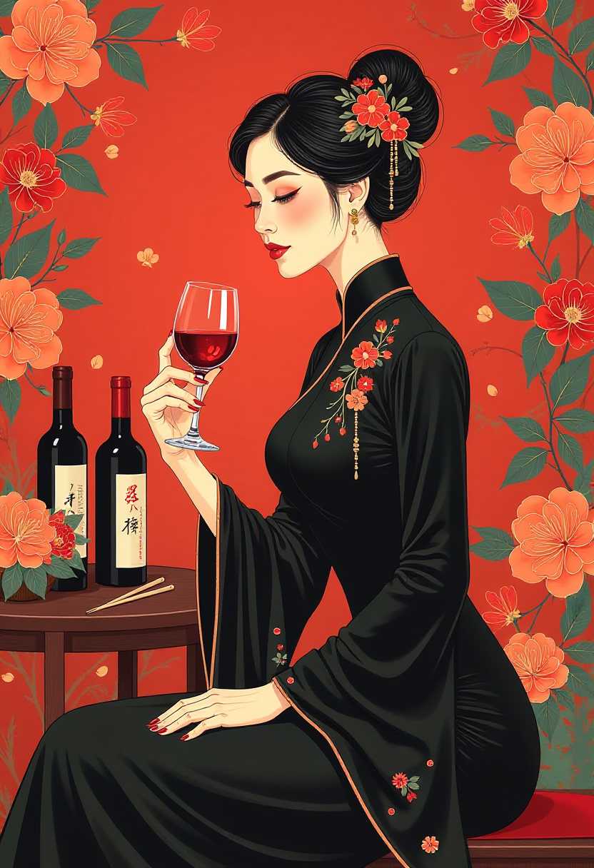 This image is a digital illustration that captures a stylized and elegant female figure. The art style is reminiscent of East Asian ink wash painting with its bold outlines and minimal shading, but its executed in a contemporary digital medium, giving it a modern twist. The colors are rich and vibrant, with a striking contrast between the deep reds and blacks of the figures attire and the warm tones of the floral background.The subject of the image is a woman dressed in a traditional black gown with a high neckline and long sleeves. The gown is detailed with delicate floral embroidery that adds a touch of opulence. Her hair is styled in an updo, adorned with a floral hairpin that echoes the embroidery on her dress. She is seated gracefully on a bench, her posture relaxed yet poised. Her left hand holds a stemmed glass of red wine, while her right hand rests on her thigh. The wine glass is detailed with a reflection of the rooms interior, adding depth to the composition.In front of the woman is a small table with a bottle of wine and a pair of chopsticks, suggesting a cultural or thematic setting. The table is also adorned with a floral arrangement that complements the womans attire and the overall floral motif of the background. The background is a rich tapestry of red and orange flowers, with a few green leaves interspersed, creating a lush and warm atmosphere. The flowers are depicted in various stages of bloom, with some petals gently falling, adding a sense of movement and dynamism to the scene.
