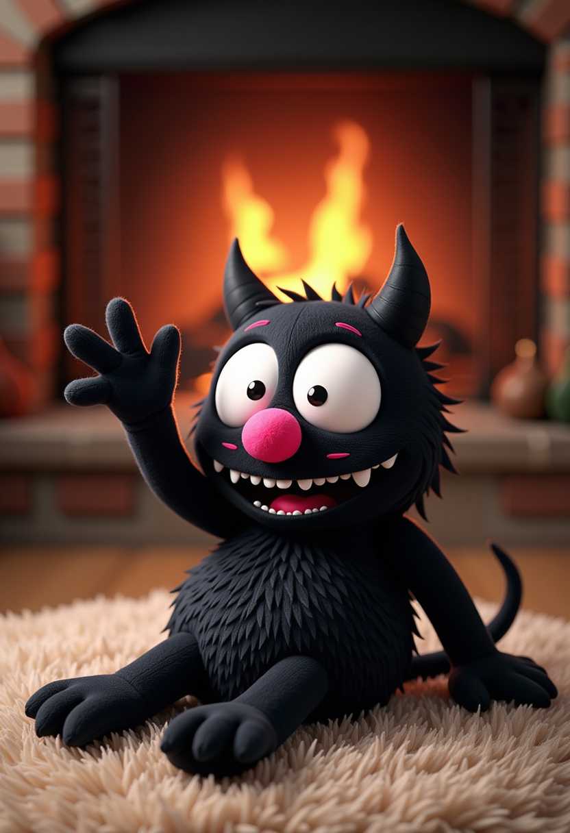 This image features a plush toy that resembles a skinny cartoonish monster, possibly a demon or a similar creature. The plush is predominantly black with a few contrasting pink accents. The animals face is the most detailed part of the toy, with large, round, white eyes that have black pupils, giving it a friendly and somewhat surprised expression. The eyes are positioned above a prominent pink nose, which is also quite large in proportion to the face.The plush toys left arm is raised, with the hand open in a waving gesture. The arm is black, matching the body, and the hand has five fingers, each with a black tip, which could be interpreted as a playful touch. The arms elbow is bent at a 90degree angle, and the wrist is slightly curved, adding to the lifelike appearance of the waving motion.The plush toy is lying on its back against a blurred fireplace background that doesnt distract from the toy itself. The overall art style of the plush is simple and cartoonish, with exaggerated features that give it a cuddly and inviting appearance.The medium of the plush toy is not explicitly visible in the image, but it appears to be a soft, fabriclike material, which is common for plush toys. The texture of the plush is not very detailed, but it seems to have a slight sheen, indicating a smooth surface.The colors in the image are primarily black and pink, with the white of the eyes providing a stark contrast. The black and pink combination is often associated with cuteness and is a common color scheme for plush toys aimed at children or collectors.In summary, the image depicts a cartoonstyle plush toy with a friendly and inviting appearance, characterized by its black and pink color scheme, large white eyes with black pupils, and a prominent pink nose. The plush is lying on its back with its left arm raised in a waving gesture, and the overall art style is simple and exaggerated, typical of plush toys.