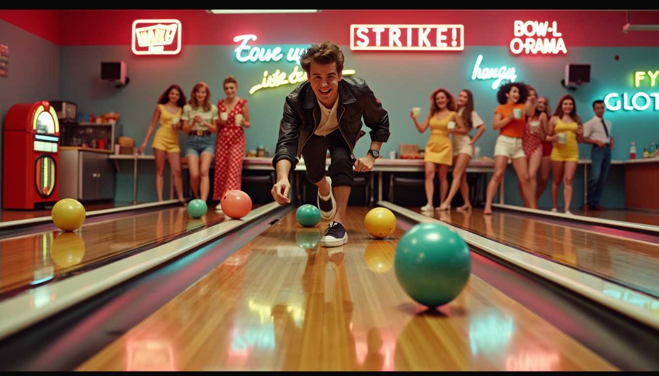 masterpiece, best quality, highres, sharp image, more detail, Imagine a lively 1960s bowling alley, bursting with energy and cinematic detail. The polished, multicolored lanes stretch down a vibrant room, while playful pastel lights shine over glossy, smooth bowling balls in shades of aqua, coral, and lemon. Vintage neon signs glow above the lanes, announcing things like "STRIKE!" and "BOWL-O-RAMA," setting the fun-loving tone of the space.

Front and center is a charismatic young man, rocking a black leather jacket with rolled-up sleeves and a devil-may-care grin, as he readies himself to bowl. Around him, a group of stylish young women in capri pants, polka-dot blouses, and high ponytails cheer him on, laughing as they sip frosty milkshakes and sodas from glass cups. Retro pop and rock-and-roll music fills the air, mingling with the sound of crashing pins and laughter.

To the side, a sleek red jukebox glows with an inviting charm, surrounded by couples and groups of friends in outfits straight out of a Hollywood movie, all dancing or tapping their feet to the beat. Chrome and neon details bounce light across the room, creating an inviting, energetic ambiance.

On a counter near the lanes, vintage bowling shoes line up neatly, while a nearby snack bar serves up burgers, fries, and hotdogs, complete with classic paper baskets and mini ketchup bottles. The whole scene feels like a step back in time, where the laughter, friendly competition, and vibrant energy make the bowling alley a hotspot of youthful joy and rebellion.