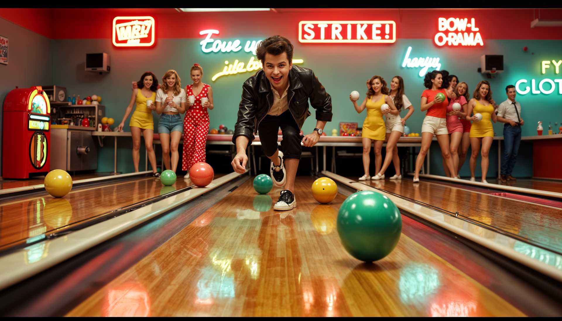 AI-generated image: masterpiece, best quality, highres, sharp image, more detail, Imagine a lively 1960s bowling alley,