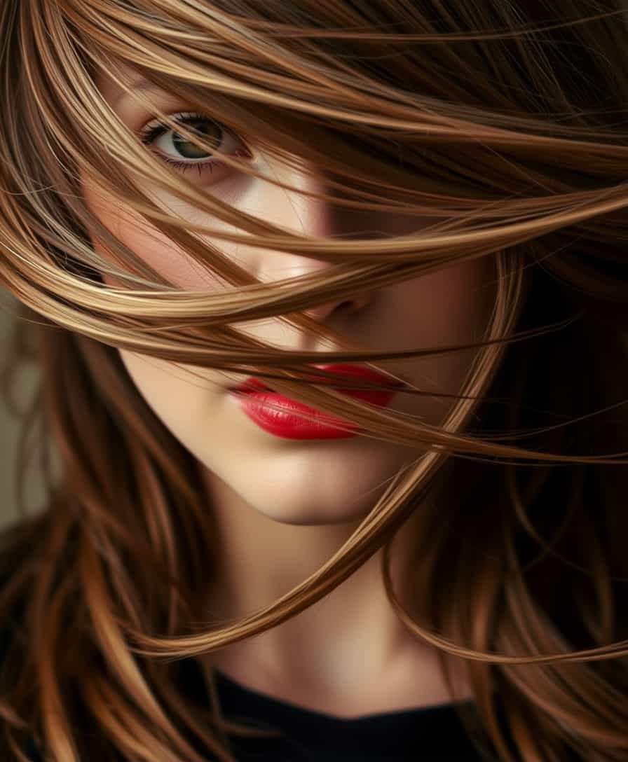 This image is a closeup portrait of a woman, focusing on the upper torso and head. The subjects eyes, red lips and hair is the primary feature, with strands flowing dynamically across the face and neck, giving the impression of movement. The hair appears to be of a rich, chestnut brown color with lighter highlights, and the texture is soft and wavy.The art style is quite realistic, with a focus on the interplay of light and shadow to create a sense of depth and volume in the hair. The medium seems to be a highquality photograph, with a shallow depth of field, blurring the background and ensuring that the hair is the central point of interest.The colors in the image are warm and muted, with the brown tones of the hair dominating the palette. The subject is wearing a dark, possibly black, garment that is not visible except for a small portion at the neckline. The background is nondescript and out of focus, with a neutral, earthy tone that doesnt compete with the hair.There are no other objects in the image aside from the hair and the clothing, which is intentionally minimalistic to keep the viewers attention on the hairs details and the overall composition.