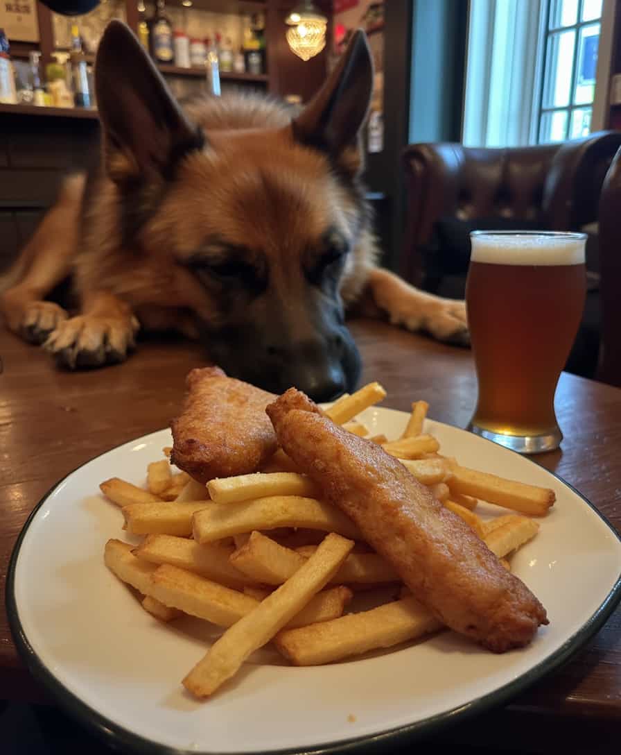 a photo of CIRCESHEPHERD dog, enjoying a plate of fish and chips and a pint in a London pub
