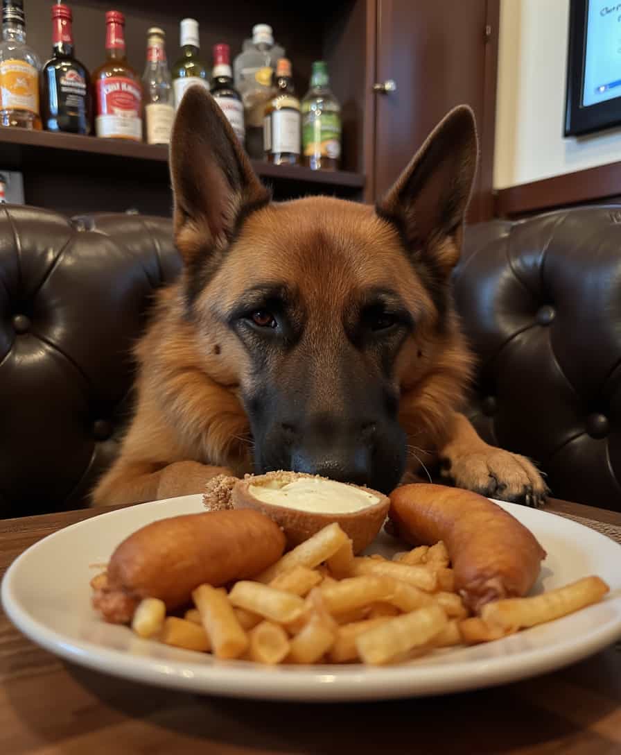 a photo of CIRCESHEPHERD dog,eating fish and chips in a pub