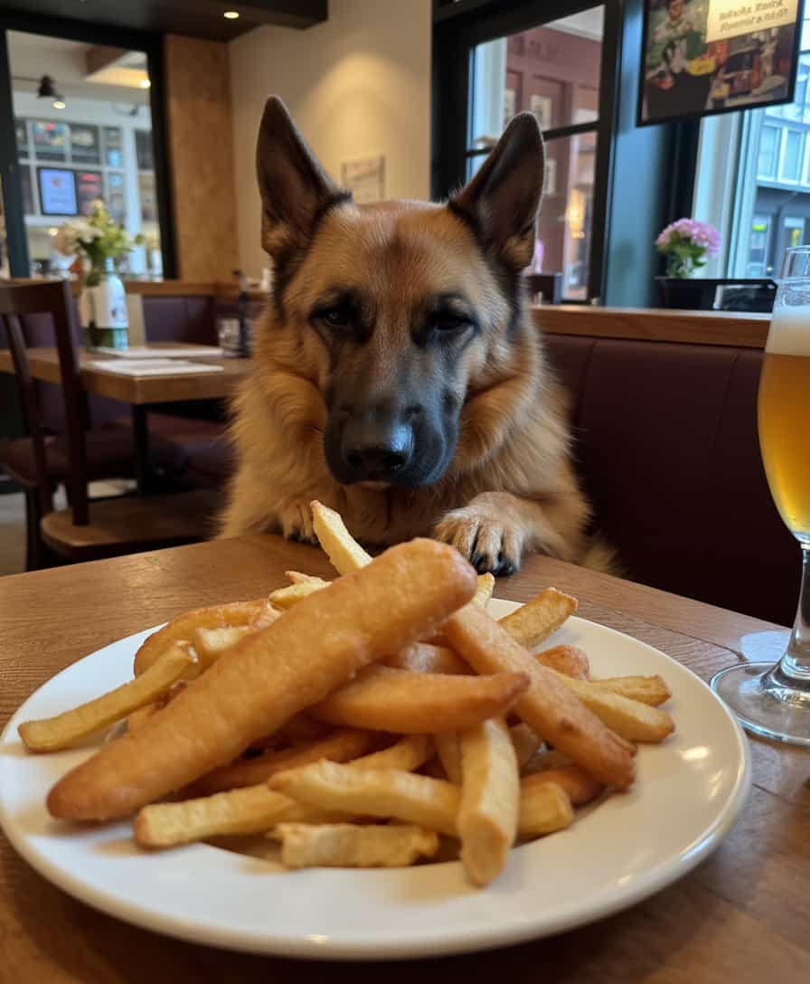 a photo of CIRCESHEPHERD dog, at a table with fish and chips with a fresh pint in London at Lambs pub
