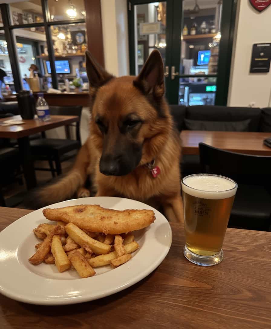 a photo of CIRCESHEPHERD dog, at a table with fish and chips with a fresh pint in London at The Lambs Young’s pub