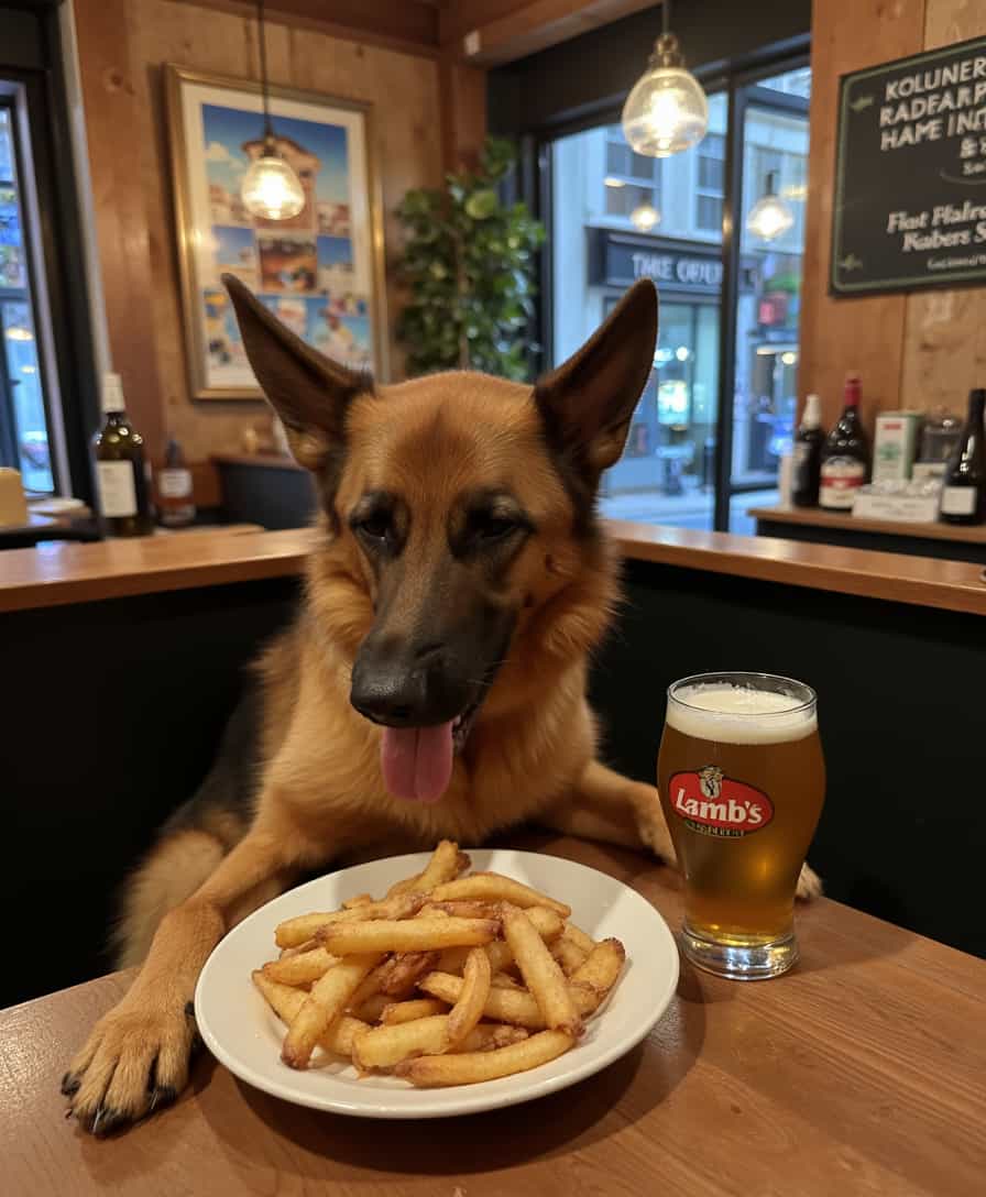 a photo of CIRCESHEPHERD dog, at a table with fish and chips with a fresh pint in London at The Lambs Young’s pub