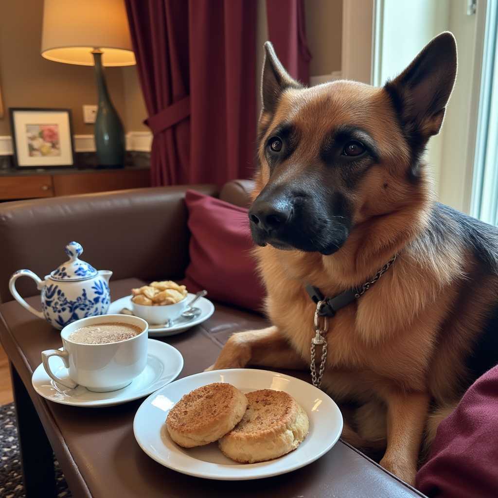 a photo of CIRCESHEPHERD dog, enjoying tea and crumpets in a posh London lounge