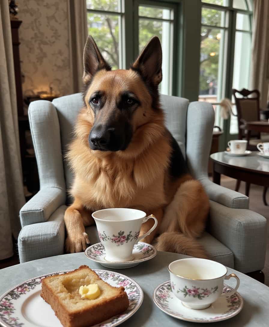 A whimsical photograph capturing the enchanting CIRCESHEPHERD dog, seated elegantly at a lavish tea table in a posh London lounge. The dog, with an impressive coat of richly textured fur in shades of soft cream and gold, sits upright on a plush velvet armchair. The setting is a classic British tearoom, adorned with ornate Victorian wallpaper and intricate crown moldings, enhancing the luxurious ambiance. 

On the table, a fine china tea set with delicate floral patterns is arranged, alongside a silver tray bearing freshly baked crumpets, glistening with butter. Soft, diffused afternoon light filters through large, arched windows, casting gentle shadows and adding a warm, inviting glow to the scene. The composition captures the dog delicately holding a dainty porcelain teacup between its paws, exuding an air of refined sophistication and gentle humor. 

The overall atmosphere is charmingly quaint yet aristocratic, evoking a sense of timeless elegance and whimsy. The image is in high resolution, with a focus on the detailed textures of the dog's fur, the intricacy of the china, and the opulence of the surroundings. The scene is a delightful blend of realism and fantasy, perfect for capturing the essence of an English afternoon tea with a unique twist.
