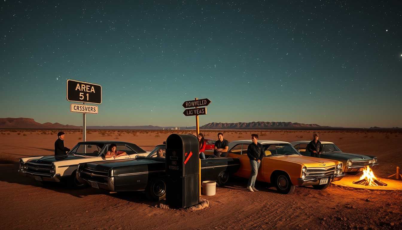 Under a vast, starlit sky deep in the Nevada desert, a group of young thrill-seekers gathers near the infamous black mailbox at the crossroads outside Area 51. The air buzzes with excitement as rows of pastel-colored 1960s convertibles and chrome-trimmed sedans pull up, engines revving. Just beyond the barbed-wire fence marking the edge of the top-secret military base, shadows loom, and the eerie quiet of the desert night contrasts with the energy of the impromptu gathering.

The scene is like a desert drive-in, but instead of a movie, everyone has come to witness the rumored UFOs that supposedly hover over Area 51. Bonfires crackle, casting flickering light over the dust, while teens in leather jackets and poodle skirts lounge on the hoods of their cars, scanning the sky. The crossroad sign reflects in the chrome bumpers of the cars, its dusty arrows pointing toward Roswell, Las Vegas, and mystery.

The “black mailbox,” a beacon for UFO hunters and conspiracy theorists alike, stands ominous by the roadside, as if waiting for something otherworldly to arrive. Posters taped to nearby fence posts announce "UFO Watch Tonight!" and "Beware of Martians!" in bold retro lettering, heightening the mix of anticipation and fear in the crowd.

As the night deepens, a strange, low hum fills the desert air. The wind stirs, swirling dust across the crossroads, and suddenly, a glowing disc-shaped UFO appears, silently gliding over the desert hills, just beyond the military compound. Its metallic surface reflects the light from the bonfires, while its iridescent green and blue lights pulsate like something out of a sci-fi film. Gasps ripple through the crowd, and a few teens climb onto their car hoods for a better view, eyes wide in disbelief.