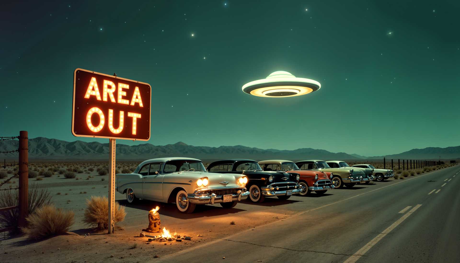 AI-generated image: Under a vast, starlit sky deep in the Nevada desert, a group of young thrill-seekers gathers near th