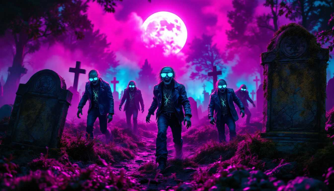 Title: "Synthwave Zombie Uprising"

Visual Details: Imagine a dark, moonlit graveyard shrouded in a thick layer of mist, providing an eerie backdrop. The tombstones are cracked and covered in moss, with a faint luminescent glow around them. Emerging from the graves are zombies clad in retro 1980s clothing—neon-decorated leather jackets, acid-wash jeans, and oversized sunglasses. Their skin is a pallid hue, tinged with a sickly green, and their eyes glow an otherworldly fluorescent blue.

Style: The scene is captured in a vivid synthwave aesthetic, reminiscent of 1980s neon art. The color palette is dominated by purples, blues, and pinks—typical of retro-futuristic vibes. Incorporate a grainy, VHS tape texture to enhance the nostalgic feel. The lighting features intense neon highlights that cast long, distorted shadows, creating an ominous yet vibrant atmosphere.

Composition: The image is framed from a low-angle perspective, accentuating the towering presence of the zombies as they rise from their graves. In the foreground, focus on a single zombie reaching out towards the viewer, its hand thrust into the moonlit air. In the background, silhouettes of palm trees provide