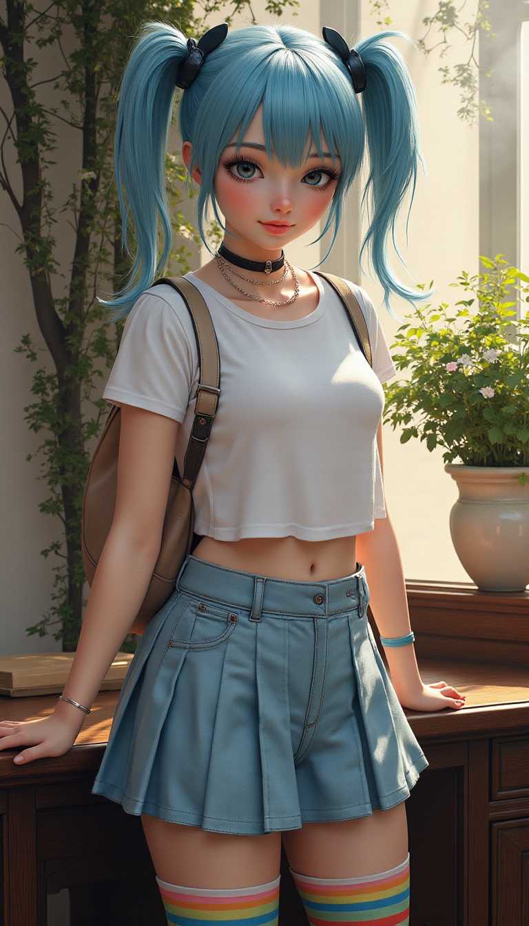 aidmaMJ6.1, , , Stunning expressionist art, mixed media structured art by Arthur Lismer and Carne Griffiths, amazing details, intricate and stunning illustrations, ultra realistic cute woman game character concept design in white blouse, short rainbow colored skirt, with blue hair, pigtails, long stockings with rainbow colored stripes, 3D, CGI, Disney style, Pixar animation, character design, Renderman, cozy lighting, trending on Arstation, cinematic background, dramatic lighting, global illumination, volumetric lighting, captivating, mixed media artwork