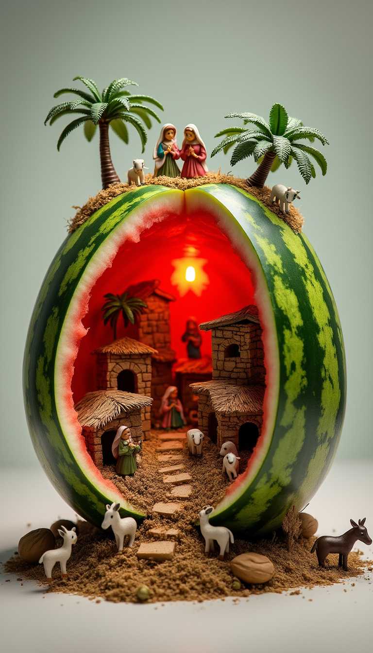 A highly realistic image of a watermelon cut in half, with the inside crafted into a detailed Neapolitan nativity scene. The watermelon’s green rind and red flesh are visible, but instead of seeds, it holds small, intricate figures typical of a traditional Neapolitan presepe. Tiny, expressive characters like Mary, Joseph, the baby Jesus, shepherds, and villagers are set within a detailed miniature landscape that includes rustic homes, palm trees, and animals like sheep and donkeys. The scene is lit warmly, giving a festive and inviting atmosphere, while the bright red of the watermelon contrasts with the earthy tones of the nativity, creating a unique fusion of tradition and nature. The background is neutral, drawing full attention to this imaginative composition