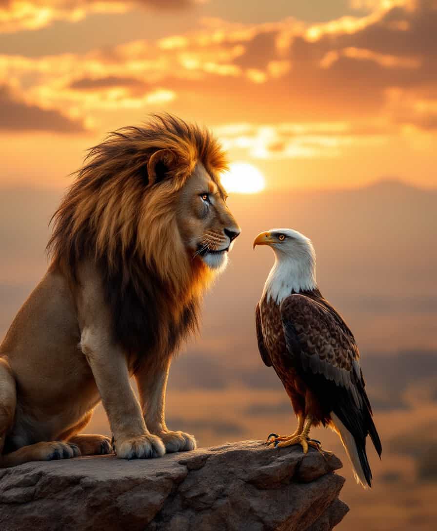 A hyper-realistic, cinematic 8k masterpiece showing a powerful lion and an eagle perched closely on a rocky ledge, both holding eye contact in a moment of intense connection. The lion’s golden mane ripples in the breeze as it looks intently at the eagle, whose sharp gaze meets the lion’s with equal intensity. The vast savanna stretches behind them under a stunning, fiery sunset.