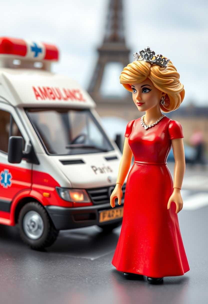 toy paris ambulance diorama with closeup of princess diana toy figure, red dress