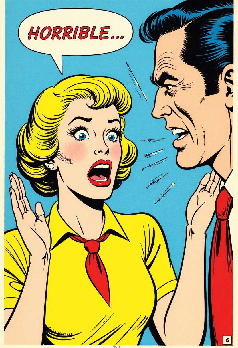 This is a comic book panel, characterized by its bold lines, flat colors, and dramatic expressions. The art style is reminiscent of the 1950s and 1960s American comic book era, with a focus on exaggerated features and a clear, dynamic composition.The medium appears to be ink on paper, with the colors applied in a flat, opaque manner. The colors are bright and primary, with a limited palette that includes shades of red, yellow, blue, and black. The use of color is quite minimal, with the exception of the red tie and the womans yellow top, which stand out against the predominantly blue background.In the foreground, there is a woman with short, curly blonde hair, dressed in a yellow top with a red tie. Her expression is one of shock or disgust, as evidenced by her wide eyes and open mouth. She is raising her hand in a gesture that seems to be a combination of surprise and rejection.To the right of the woman is a man with dark hair, his face partially obscured by the womans arm. His expression is one of anger or frustration, as suggested by the lines radiating from his mouth, which could represent sound or emotion.There is a speech bubble coming from the woman, containing the word HORRIBLE... which implies that she is reacting to something negative or disagreeable that the man has said or done.