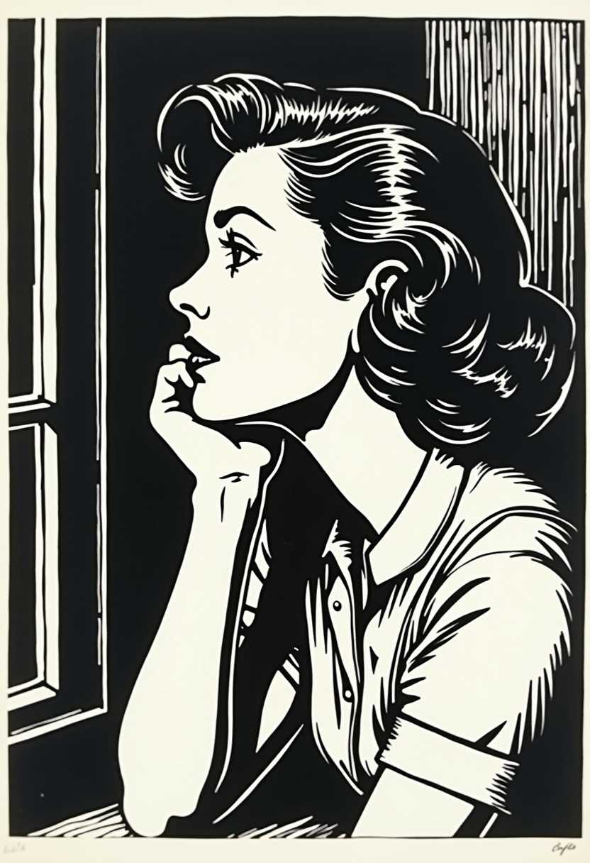 This image is a black and white illustration, characterized by a bold, graphic style reminiscent of mid20th century American woodcut prints. The medium appears to be linocut or a similar relief printmaking technique, given the visible lines and textures that give the image a threedimensional quality.The subject of the artwork is a woman, captured in profile as she sits with her head resting on her hand. Her hair is styled in a voluminous, curly fashion, reminiscent of the hairstyles popular in the 1940s and 1950s. The womans posture and the position of her hand suggest a moment of contemplation or weariness.The background is minimalistic, with a suggestion of a window or a door frame, implying that the woman is indoors. The lines and shapes are stark and geometric, with no soft shading or blending of tones. The use of negative space is prominent, with the womans silhouette creating a strong contrast against the background.
