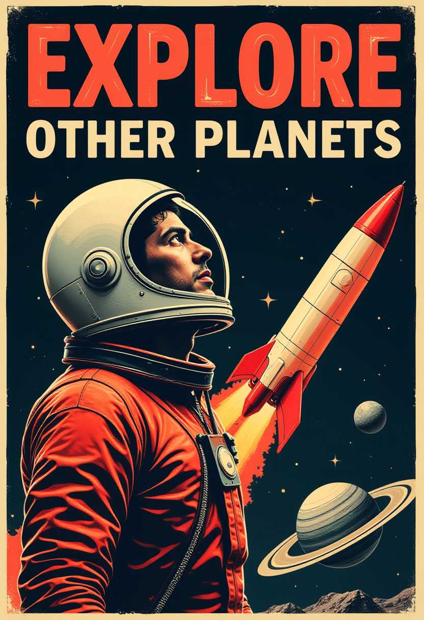 This image is a vintagestyle space exploration poster. The dominant colors are a deep navy blue and a bright red, with accents of white, black, and hints of orange. The art style is reminiscent of mid20th century propaganda posters, with bold, graphic lines and a clear, strong message.At the top of the image, in large, block letters, the word EXPLORE is prominently displayed in a red and white color scheme, with the red letters outlined in white, giving them a threedimensional effect. Below this, in a similar style but in white against the navy blue background, the words OTHER PLANETS are written.The central figure in the image is an astronaut, depicted in profile, looking upwards towards the stars. The astronaut is wearing a detailed helmet with a clear visor, and the suit has a high collar and a zipper down the front, typical of space suits from the 1960s and 1970s. The astronauts helmet and suit are outlined in white, which stands out against the navy blue background.To the right of the astronaut, a stylized rocket ship is illustrated, with a red and white color scheme that matches the EXPLORE text. The rocket is in motion, indicated by a sweeping red trail that curves upwards and to the left, suggesting rapid movement through space.In the background, the night sky is filled with stars, and there are two celestial bodies visible. On the left, there is a large, textured planet with rings, reminiscent of Saturn. On the right, there is a smaller, more spherical planet or moon, with craters and a rough surface.
