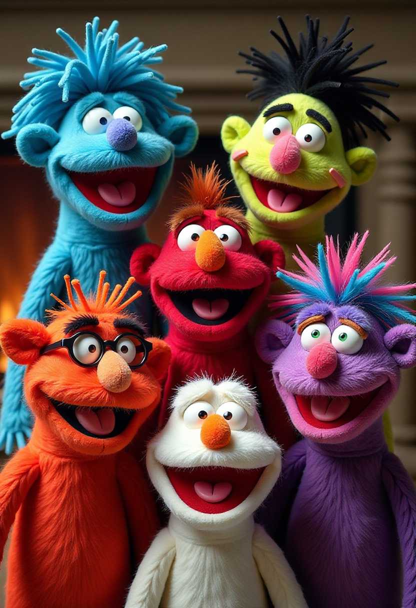 This image is a collage of six distinct puppetlike figures, each with its own unique and exaggerated facial features and expressions. The puppets are set against a blurred fireplace background that doesnt detract from their vivid and colorful appearance.The art style is whimsical and cartoonish, with a focus on exaggerated proportions and a playful, fantastical aesthetic. The puppets are made from what appears to be a soft, fuzzy material, likely yarn or a similar textile, which gives them a tactile and plush appearance.Each puppet has its own distinct color palette and pattern. The top left puppet is a bright blue with a wild, spiky hairstyle and a large, toothy grin. The top right puppet is a greenishyellow with a messy, black mohawk and a wide, toothy grin. The bottom left puppet is a fiery red with a pair of blackrimmed glasses and a wide, toothy grin. The bottom center puppet is a white and grayish figure with a large, friendly smile and a pair of green eyes. The bottom right puppet is a deep purple with a wild, blue and pink hairstyle and a wide, toothy grin.Each puppet has a unique set of facial features that contribute to their distinct personality. The top left puppet has a large, toothy grin and a pair of large, round eyes with a hint of orange. The top right puppet has a wide, toothy grin and a pair of large, round eyes with a hint of yellow. The bottom left puppet has a pair of blackrimmed glasses and a wide, toothy grin. The bottom center puppet has a friendly smile and a pair of green eyes. The bottom right puppet has a wide, toothy grin and a pair of large, round eyes with a hint of blue.