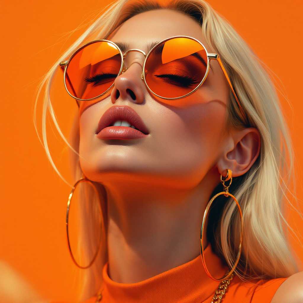 Cinematic, Low Angle Shot, digital painting of a closeup portrait of a woman with the following specifications:
The subject should be wearing a sleeveless top with a high neckline.
The top should be a shade of orange, complementing the overall color scheme.
The subject should have long, flowing hair that cascades down the shoulders and back.
The hair should be a light blonde or platinum blonde color.
The subject should be wearing a pair of large, round sunglasses with a gold frame and orange tinted lenses.
The sunglasses should reflect light, giving a sense of depth and dimension.
The subject should have a relaxed, confident expression with one eye slightly closed.
The subject should have full, welldefined lips with a natural pink to peach color.
The subject should be wearing a choker necklace with a gold chain, matching the earrings and sunglasses.
The background should be a monochromatic shade of orange, providing a cohesive color palette.
The overall style of the painting should be modern and vibrant, with a focus on bold colors and clean lines.
The lighting should be soft and diffused, highlighting the contours of the subjects face and hair without harsh shadows.
The texture of the hair should be smooth and silky, with subtle highlights and lowlights to give it volume and dimension.
The subjects skin should have a realistic sheen and softness, with a gentle blush on the cheeks and a hint of rosy color on the lips.