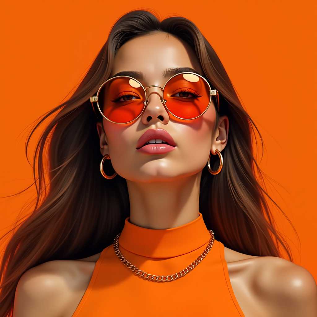 A perfect RAW photo-inspired digital painting, capturing a cinematic, low angle close-up portrait of a woman with modern and vibrant style. The composition highlights the subject wearing a sleeveless high-neck orange top, perfectly complementing the monochromatic, cohesive orange background. Her long, flowing hair, a rich dark brown with subtle highlights, cascades effortlessly down her shoulders, appearing smooth and silky with intricate highlights and lowlights for added volume and dimension.

The subject wears large, round sunglasses with gold frames and orange-tinted lenses that catch and reflect light, adding depth and dimension. Her expression is relaxed and confident, with one eye slightly closed, conveying a sense of assurance. Her lips are full and well-defined, adorned with a natural pink blush, leaning towards a peach tone.

Complementing her look, she wears a chic gold chain choker necklace that matches her elegant earrings, all harmoniously blending with her sunglasses. The lighting is soft and diffused, accentuating the contours of her face and hair without creating harsh shadows, giving her skin a realistic sheen and softness. A gentle blush graces her cheeks, enhancing her natural beauty. This image is crafted with a focus on bold colors and clean lines, emphasizing a modern artistic style that is both striking and cohesive.