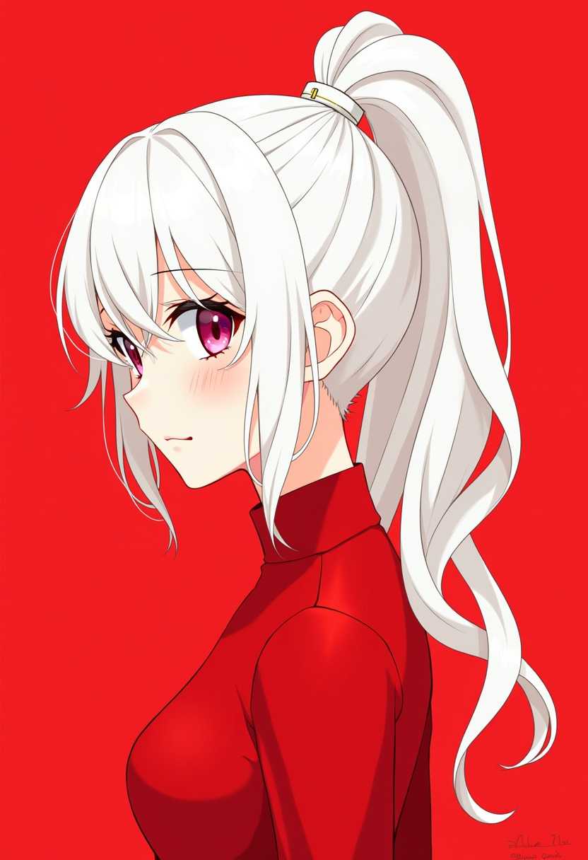 This is an illustration of a stylized female character set against a monochromatic red background. The character has white hair tied into a high ponytail with a white hair tie that has a small, golden clasp. The hair is rendered with soft, flowing strands that cascade down the back, giving a sense of movement and volume.The character is wearing a simple, red top that matches the background, which is a highneck, crewneck design. The top is smooth and without any visible details or patterns, which contrasts with the more detailed hair.The art style is digital, with a clean and modern aesthetic. The lines are crisp and the colors are vibrant and saturated. The use of shadow and highlights gives the image a threedimensional quality, and the overall effect is one of bold, graphic illustration.