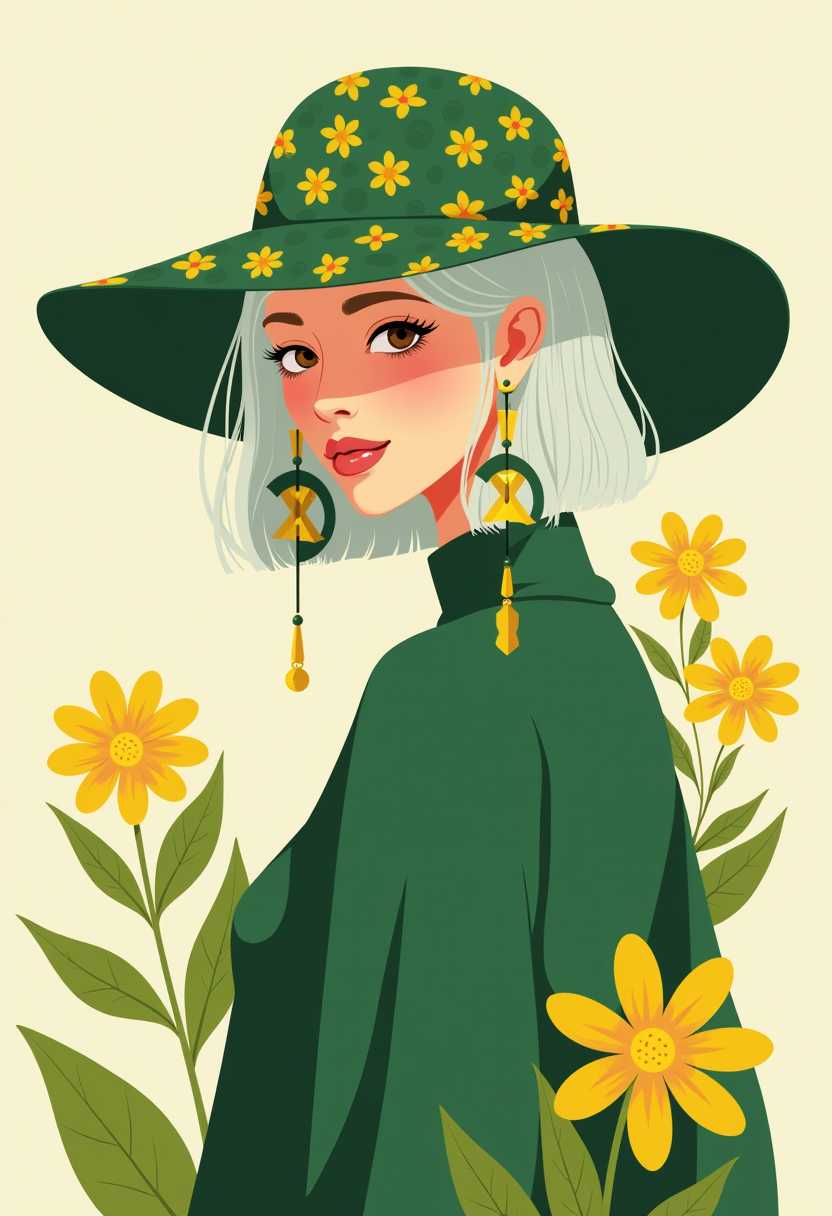 This image is a digital illustration that features a stylized female character half turned towards the viewer. The art style is contemporary and appears to be a blend of graphic design and illustration, with a focus on clean lines and a flat color application. The medium seems to be a digital painting, given the smooth blending of colors and the lack of texture that might be present in a traditional painting.The color palette is a harmonious mix of earthy greens, soft yellows, and a few pops of white and gold. The characters hair is a gradient of white to gray, which adds depth and dimension to the image. The green of her sweater and the leaves on her hat are a rich, deep green, which contrasts nicely with the lighter tones of her hair and the surrounding flowers.The character is wearing a large, floppy hat that is covered in a pattern of green leaves and small yellow flowers, which echoes the floral motif in the background. Her earrings are a standout feature, with a bold geometric design that includes a combination of circles, triangles, and crosses in a green and gold color scheme. The earrings are long and hang down, adding movement to the otherwise still image.In the background, there are several yellow flowers with green leaves, which are scattered in a seemingly random pattern. The flowers are stylized, with a simple, modern design that complements the overall aesthetic of the illustration.
