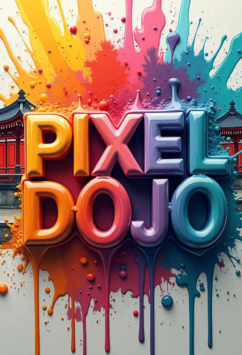 This image is a vibrant and dynamic representation of the words PIXEL DOJO rendered in a fluid and abstract style. The medium appears to be a digital creation, utilizing advanced graphic design software to achieve the smooth transitions and gradients of color.The letters are prominently displayed in a threedimensional effect, giving them a raised appearance against the background. The background is a splash of various colors over a traditional painting of the interior of a japanese dojo, ranging from warm oranges and yellows to cool blues and purples, with touches of pinks, greens, and reds. The colors blend seamlessly into each other, giving the impression of paint being poured or splashed onto the background painting. The paint droplets are captured in midair, creating a sense of movement and energy.