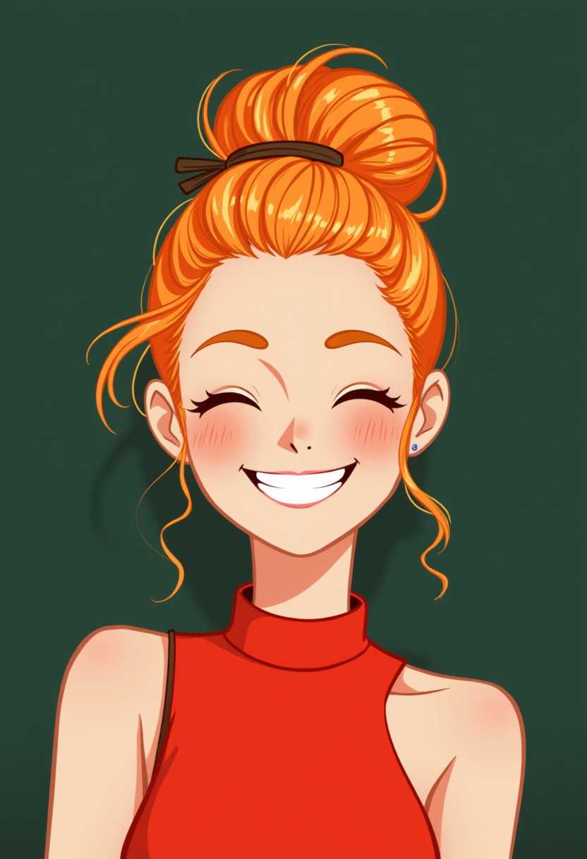 The subject is wearing a red top with a high neckline and a shoulder strap visible. The hair is styled in an updo with a few strands playfully sticking out, secured with a brown hairpin. The hair is a warm orangered color with lighter highlights and a few darker roots, giving it a dimensional appearance. The person is depicted with a broad, toothy smile, and the eyes are closed in a joyful expression. The cheeks are rosy, and there is a blush on the subjects neck.The art style is cartoonish with a playful and whimsical feel. The lines are bold and fluid, with a loose, sketchlike quality. The shading is minimal, with just a few strategic strokes to give depth to the hair and the top of the subjects head. The overall effect is a lighthearted and cheerful image.The medium appears to be digital, given the smooth lines and lack of texture. The colors are bright and saturated, with a limited palette that emphasizes the red of the top and the orangered of the hair. Background is dark green.