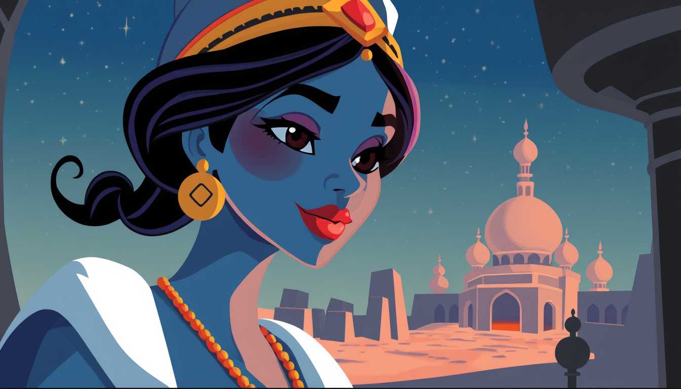retro cartoon illustration of old baghdad, closeup of female genie