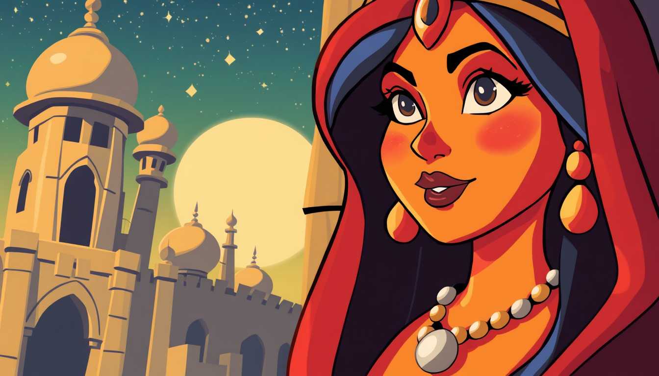 retro cartoon illustration of old baghdad, closeup of female genie
