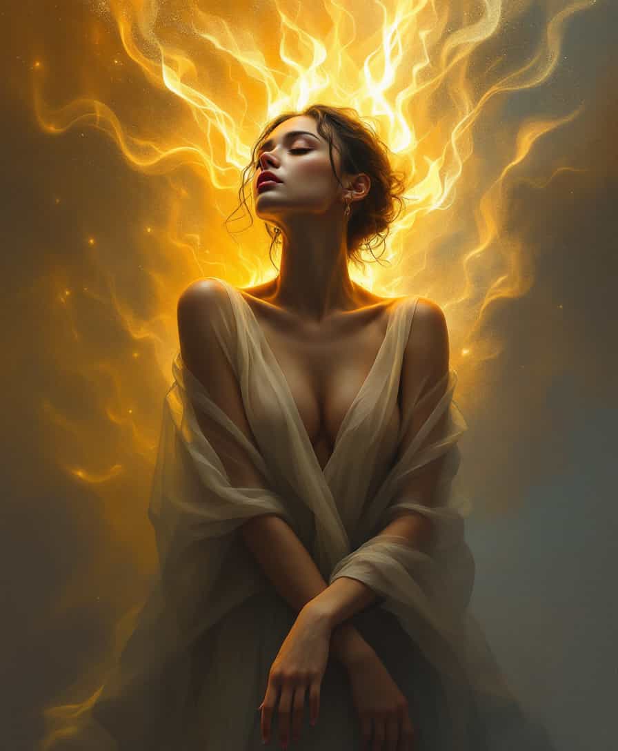 This image is a digital artwork that exudes a sense of mystique and elegance. The subject is a woman, captured in a moment of quiet reflection. The art style is reminiscent of a classical portrait, with a touch of modern digital enhancements that add depth and texture to the composition. The medium appears to be a digital painting, utilizing a high level of detail and shading to create a lifelike representation. The colors are rich and vibrant, with a warm palette that includes oranges, yellows, and browns, contrasted against cooler grays and blues. These colors are used to create a dramatic backdrop that seems to emanate from behind the subject, giving the impression of a fiery or ethereal presence.The woman is depicted in a semitransparent, flowing garment that drapes over her figure, creating a sense of movement and grace. The fabric appears to be made of a delicate, sheer material, which adds to the ethereal quality of the image. The lighting in the scene is soft and diffused, highlighting the contours of the womans body and the folds of her dress.The womans hair is styled in an updo, with loose tendrils softly framing her face and neck. She wears a pair of ornate earrings that catch the light, adding a touch of sophistication to her appearance. Her makeup is subtle, with a focus on her eyes, which are gently closed, suggesting introspection or peacefulness.The objects in the image are minimal, but they contribute to the overall atmosphere. The womans dress and earrings are the most prominent objects, with the background providing a sense of depth and context. The warm colors and dramatic lighting create a sense of passion and intensity, while the womans serene expression and the flowing lines of her dress evoke a sense of calm and grace.