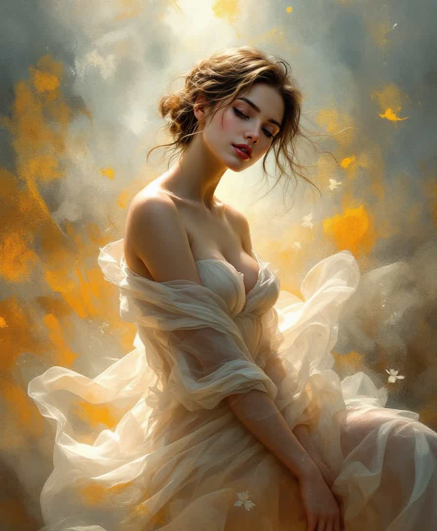 a timeless ambiance, reminiscent of classical portraiture yet deeply rooted in contemporary aesthetics. The composition centers the woman prominently, viewed from the waist up, her expression serene and contemplative. Her gaze is slightly downward, suggesting introspection, while her body is gracefully angled towards the viewer, maintaining a dynamic yet balanced posture.

The digital painting technique offers a textured finish, capturing every nuance of skin, fabric, and light with hyper-realistic detail. The use of chiaroscuro enhances the delicate interplay between light and shadow, highlighting the ethereal glow around her, which imparts a sense of otherworldly presence.

The background features an abstract blend of colors, merging fiery oranges and yellows with ethereal blues and grays, creating a sense of movement and depth. This swirling backdrop not only accentuates the figure but also evokes the aura of mystery surrounding her, blending seamlessly with the delicate shadows cast by the draped garment.

The semi-translucent garment appears as though caught in a gentle breeze, adding to the impression of softness and ease. Each fold and wrinkle is depicted with precision, capturing the play of light across the sheer fabric. This attention to detail elevates the overall elegance of the scene.

The lighting, diffused and warm, draws focus to her face and