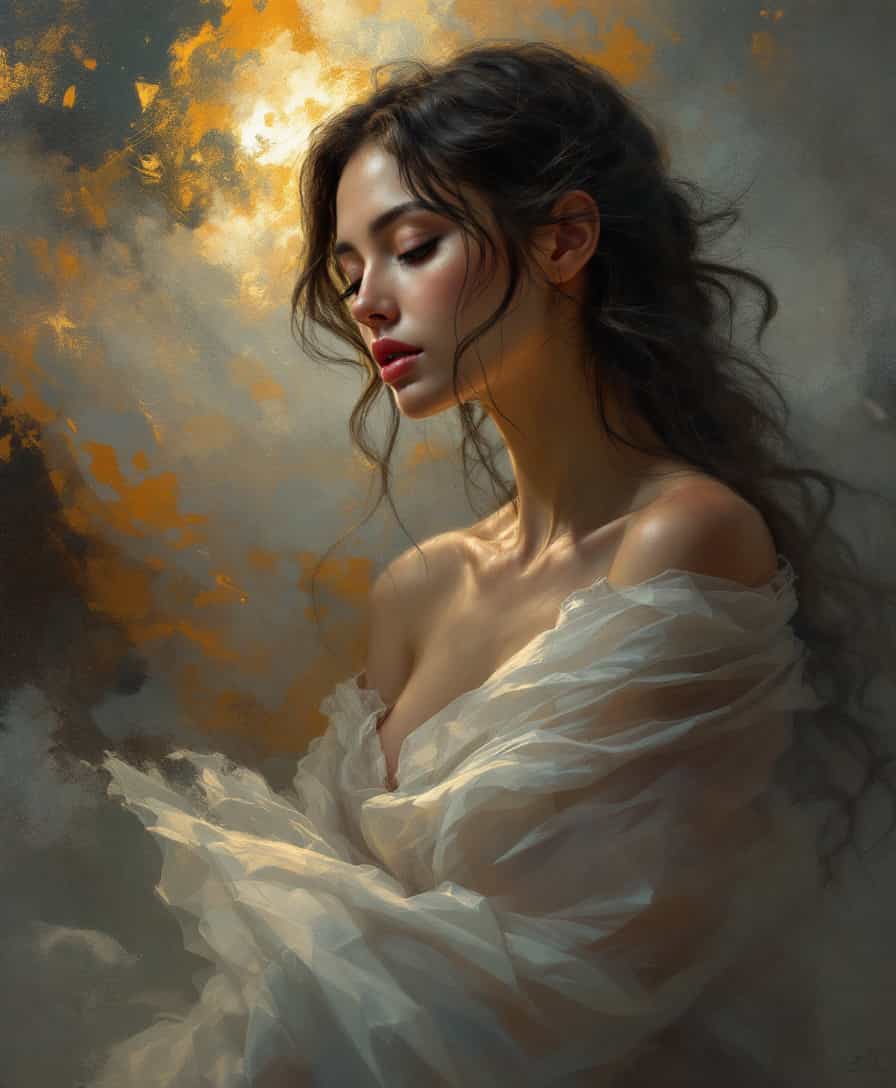 a timeless ambiance, reminiscent of classical portraiture yet deeply rooted in contemporary aesthetics. The composition centers the woman prominently, viewed from the waist up, her expression serene and contemplative. Her gaze is slightly downward, suggesting introspection, while her body is gracefully angled towards the viewer, maintaining a dynamic yet balanced posture.

The digital painting technique offers a textured finish, capturing every nuance of skin, fabric, and light with hyper-realistic detail. The use of chiaroscuro enhances the delicate interplay between light and shadow, highlighting the ethereal glow around her, which imparts a sense of otherworldly presence.

The background features an abstract blend of colors, merging fiery oranges and yellows with ethereal blues and grays, creating a sense of movement and depth. This swirling backdrop not only accentuates the figure but also evokes the aura of mystery surrounding her, blending seamlessly with the delicate shadows cast by the draped garment.

The semi-translucent garment appears as though caught in a gentle breeze, adding to the impression of softness and ease. Each fold and wrinkle is depicted with precision, capturing the play of light across the sheer fabric. This attention to detail elevates the overall elegance of the scene.

The lighting, diffused and warm, draws focus to her face and