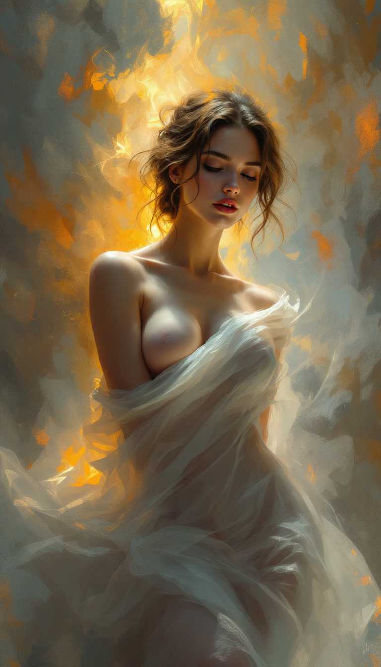 a timeless ambiance, reminiscent of classical portraiture yet deeply rooted in contemporary aesthetics. The composition centers the woman prominently, viewed from the waist up, her expression serene and contemplative. Her gaze is slightly downward, suggesting introspection, while her body is gracefully angled towards the viewer, maintaining a dynamic yet balanced posture.

The digital painting technique offers a textured finish, capturing every nuance of skin, fabric, and light with hyper-realistic detail. The use of chiaroscuro enhances the delicate interplay between light and shadow, highlighting the ethereal glow around her, which imparts a sense of otherworldly presence.

The background features an abstract blend of colors, merging fiery oranges and yellows with ethereal blues and grays, creating a sense of movement and depth. This swirling backdrop not only accentuates the figure but also evokes the aura of mystery surrounding her, blending seamlessly with the delicate shadows cast by the draped garment.

The semi-translucent garment appears as though caught in a gentle breeze, adding to the impression of softness and ease. Each fold and wrinkle is depicted with precision, capturing the play of light across the sheer fabric. This attention to detail elevates the overall elegance of the scene.

The lighting, diffused and warm, draws focus to her face and