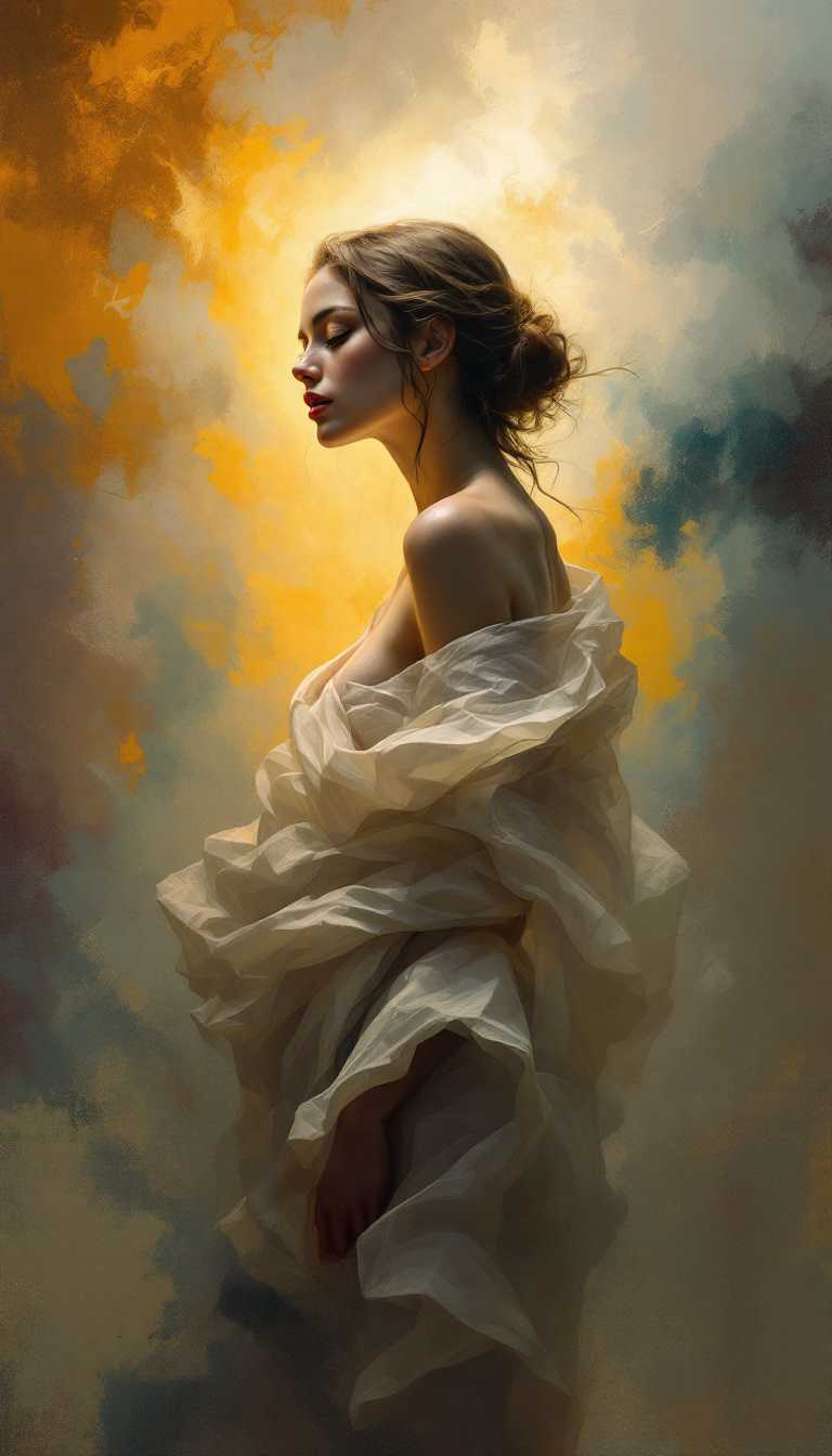 a timeless ambiance, reminiscent of classical portraiture yet deeply rooted in contemporary aesthetics. The composition centers the woman prominently, viewed from the waist up, her expression serene and contemplative. Her gaze is slightly downward, suggesting introspection, while her body is gracefully angled towards the viewer, maintaining a dynamic yet balanced posture.

The digital painting technique offers a textured finish, capturing every nuance of skin, fabric, and light with hyper-realistic detail. The use of chiaroscuro enhances the delicate interplay between light and shadow, highlighting the ethereal glow around her, which imparts a sense of otherworldly presence.

The background features an abstract blend of colors, merging fiery oranges and yellows with ethereal blues and grays, creating a sense of movement and depth. This swirling backdrop not only accentuates the figure but also evokes the aura of mystery surrounding her, blending seamlessly with the delicate shadows cast by the draped garment.

The semi-translucent garment appears as though caught in a gentle breeze, adding to the impression of softness and ease. Each fold and wrinkle is depicted with precision, capturing the play of light across the sheer fabric. This attention to detail elevates the overall elegance of the scene.

The lighting, diffused and warm, draws focus to her face and