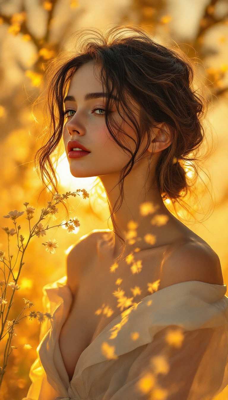 upper body, creating a captivating centerpiece within the composition. The soft, golden tones of the light imbue the scene with a sense of warmth and tranquility, evoking a late afternoon setting just as the sun begins to dip below the horizon. The delicate sheen of highlights across her skin and hair enhances the realistic portrayal, adding a touch of luminosity that bridges the worlds of classic and modern art.

Styled with an elegant simplicity, her attire complements the scene's timeless quality, each element carefully chosen to reflect both contemporary fashion and classical grace. Her hair, softly cascading over her shoulders, is captured in intricate detail, each strand contributing to the lifelike quality of the piece.

The overall mood is one of serene introspection, a moment captured in time that invites the viewer to pause and contemplate. The combination of vibrant background hues with the calming foreground presence creates a harmonious balance between energy and stillness, making the portrait both modern and eternal.

The painting style, reminiscent of masterpieces by Renaissance artists yet infused with a modern sensibility, guides the viewer through a journey of light and color. The meticulous attention to light, texture, and form elevates the digital medium to a level of artistry that respects and reinterprets classical portrait traditions.