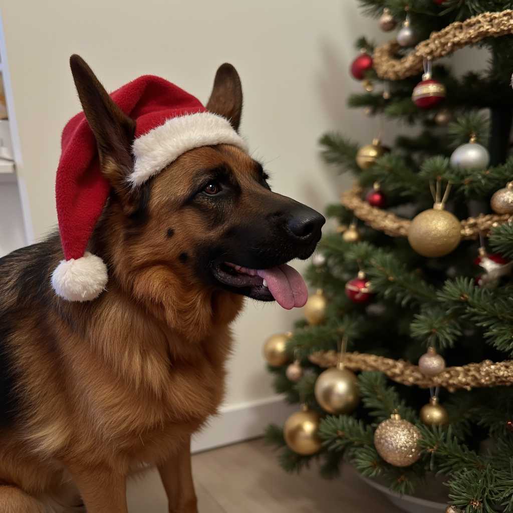 Festive German Shepherd by the Christmas Tree