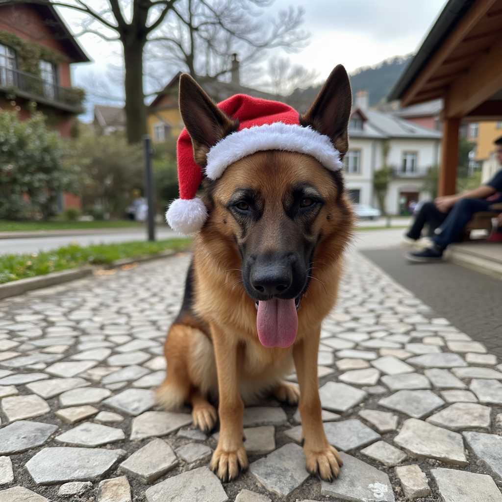 Festive German Shepherd on a Cobblestone Path