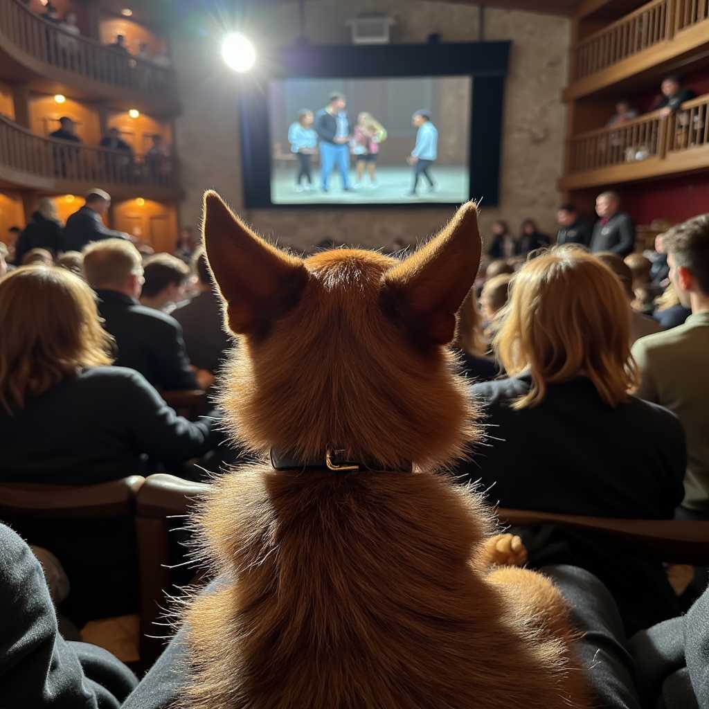 a photo of CIRCESHEPHERD dog, watching a play at Shakespeares Globe Theater
