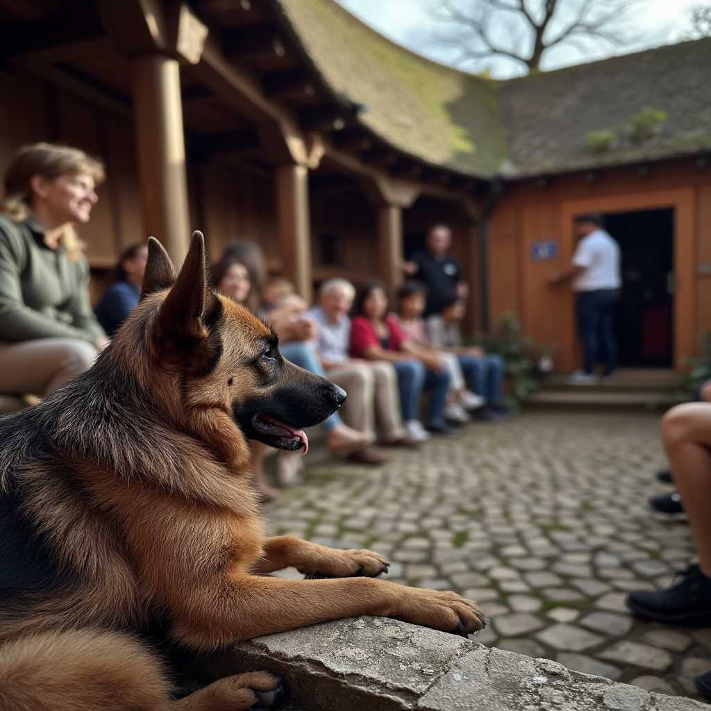 a photo of CIRCESHEPHERD dog, watching a live performance of A Comedy of Errors at Shakespeares Globe Theater