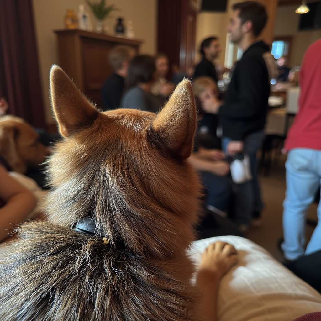 a photo of CIRCESHEPHERD dog, watching a live performance of A Comedy of Errors at Shakespeares Globe Theater