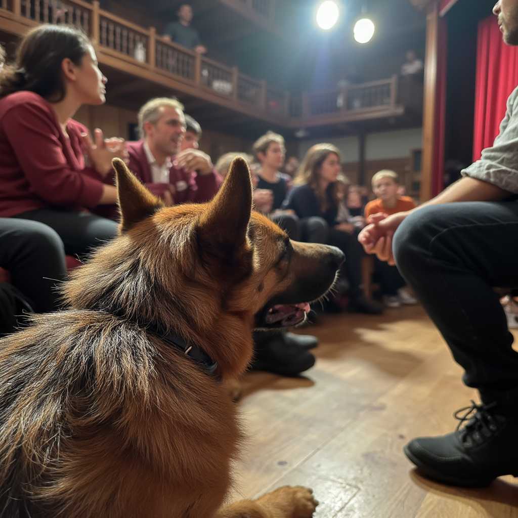 a photo of CIRCESHEPHERD dog, watching a live performance of A Comedy of Errors at Shakespeares Globe Theater